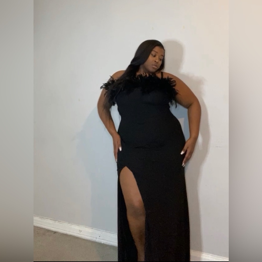 Shimmery, Strapless, Black Dress w/ Feather Front